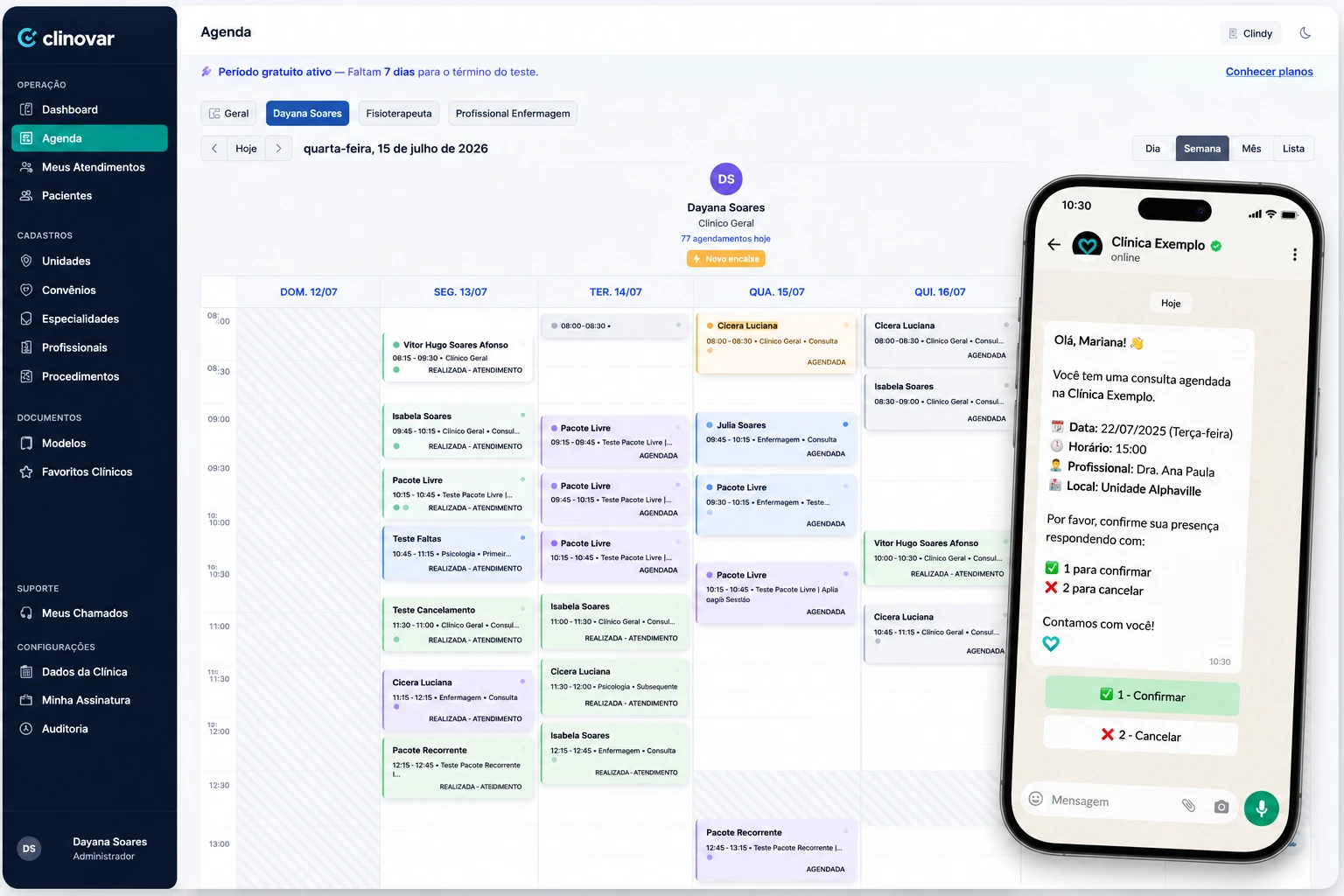 Agenda do Clinovar com a mensagem automática de confirmação de consulta exibida no WhatsApp do paciente, com os botões de confirmar presença ou cancelar.